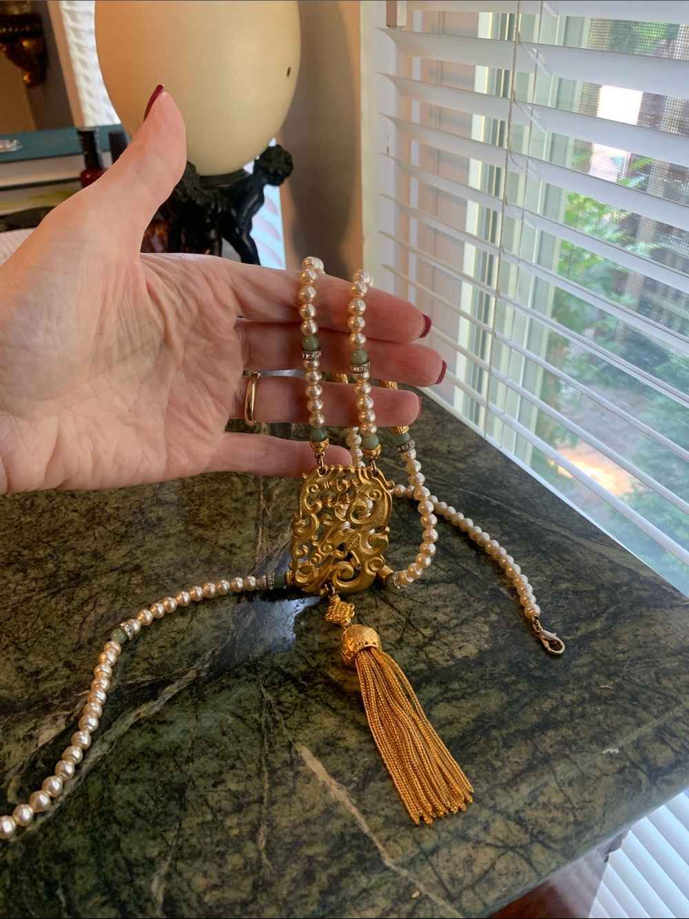 Ben-Amun $650 Bizantine Gold Pearl jade Filigree Pendant Necklace with Tassel - Picture 7 of 7